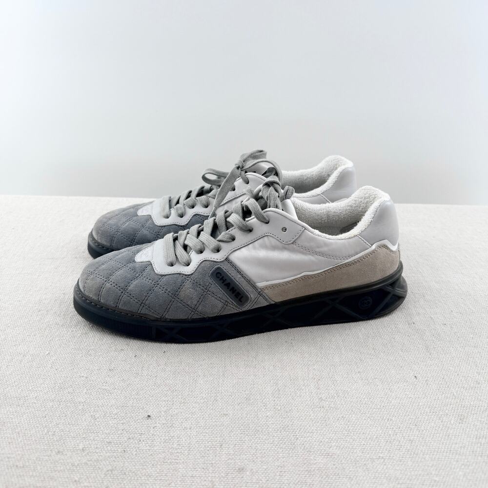 Chanel Quilted Suede and Fabric Low Top Comfort Sneakers Gray White Womens EU 41